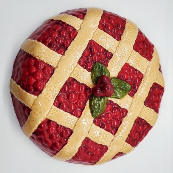 Vintage Tan & Red Decorative Ceramic Cherry Berry Pie Plate Lid Cover -LID ONLY- - Picture 2 of 9